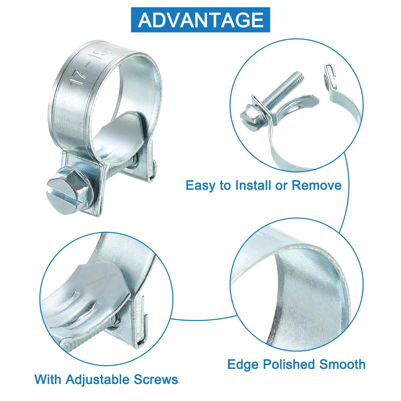 10Pcs Mini Fuel Line Pipe Hose Clamp Clip, Adjustable 17-19mm, Zinc Plated