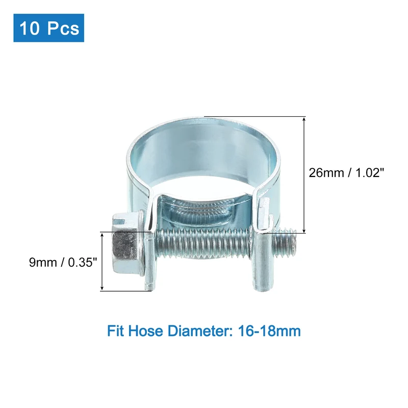 10Pcs Mini Fuel Line Pipe Hose Clamp Clip, Adjustable 16-18mm, Zinc Plated