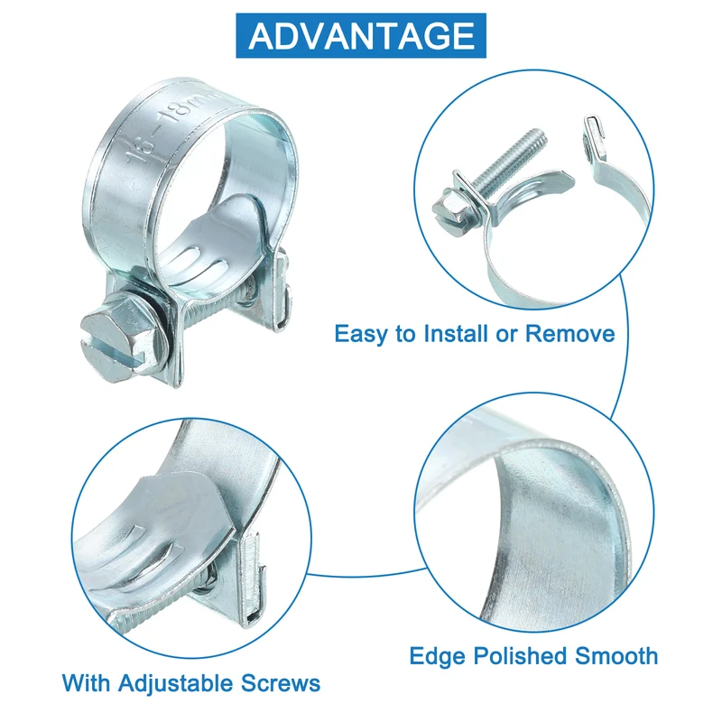 10Pcs Mini Fuel Line Pipe Hose Clamp Clip, Adjustable 16-18mm, Zinc Plated