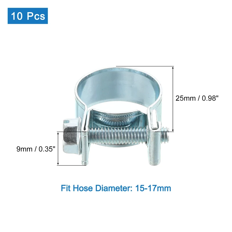 10Pcs Mini Fuel Line Pipe Hose Clamp Clip, Adjustable 15-17mm, Zinc Plated