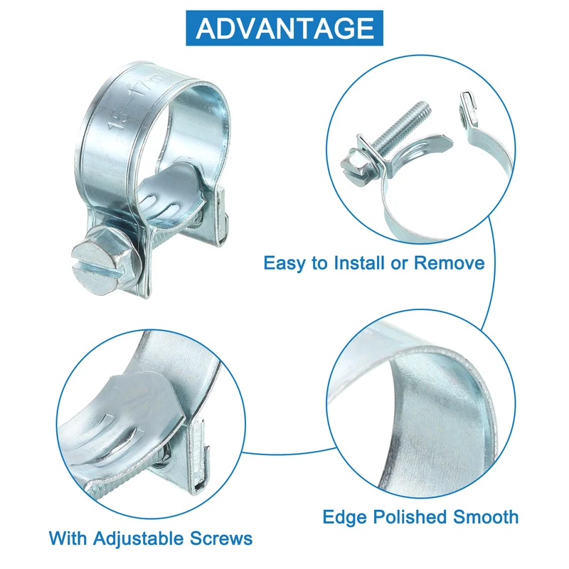 10Pcs Mini Fuel Line Pipe Hose Clamp Clip, Adjustable 15-17mm, Zinc Plated