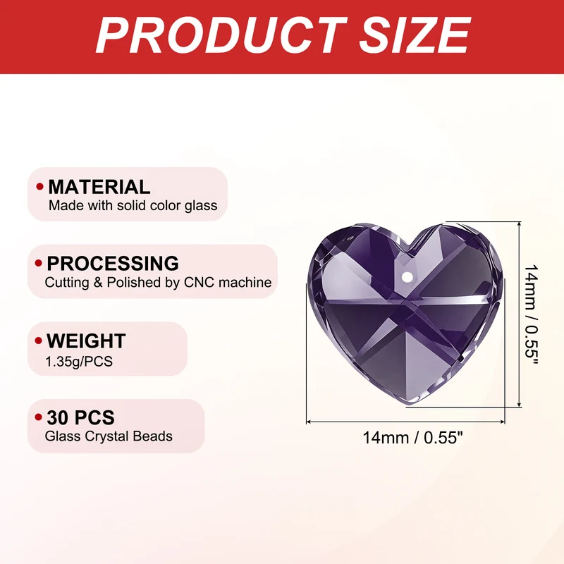 K9 Crystal Heart Beads 1 Holes Pendants, 30 Pack 14mm, Dark Purple