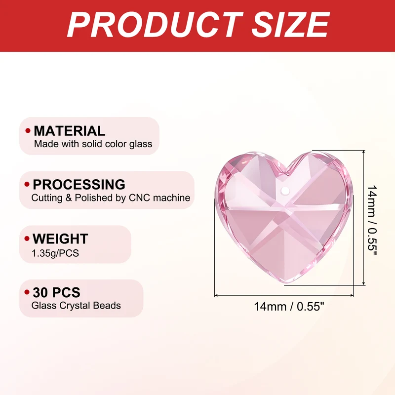 K9 Crystal Heart Beads 1 Holes Pendants, 30 Pack 14mm, Pink