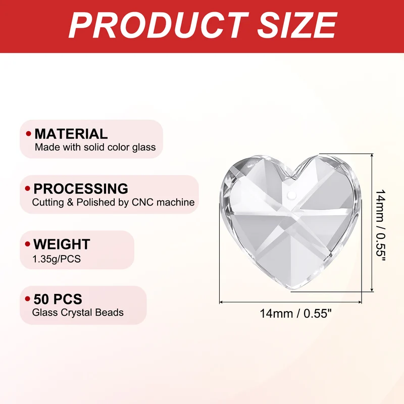 K9 Crystal Heart Beads 1 Holes Pendants, 50 Pack 14mm, Clear