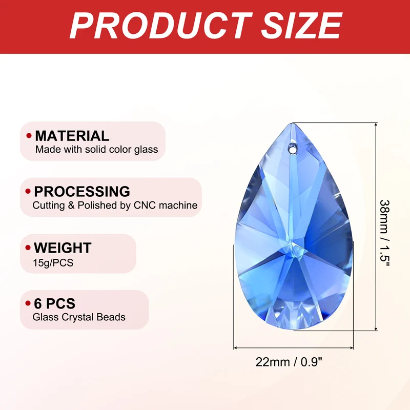 K9 Crystal Pendants Beads, 6 Pack 38mm Chandelier Prisms Decor Light Blue