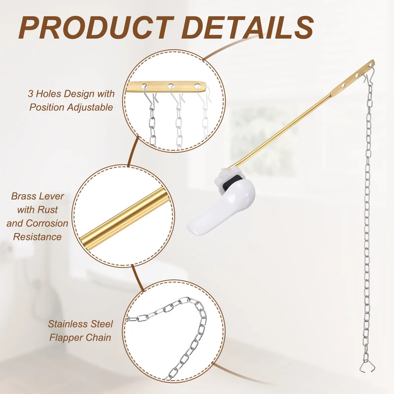 Front Mount Metal Toilet Flush Handle with Flapper Chain, White