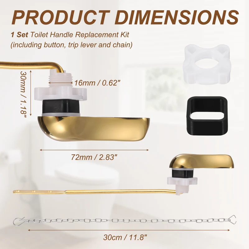 Front Mount Metal Toilet Flush Handle with Flapper Chain, Gold