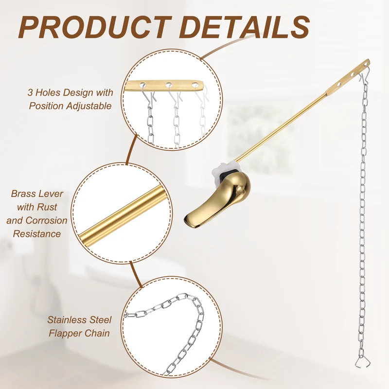 Front Mount Metal Toilet Flush Handle with Flapper Chain, Gold