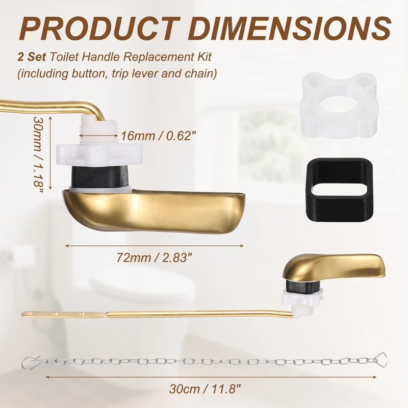 2Pcs Front Mount Metal Toilet Flush Handle with Flapper Chain, Brushed Gold