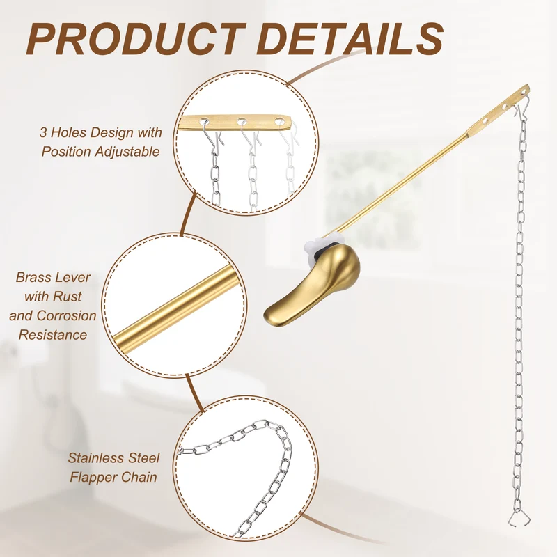 Front Mount Metal Toilet Flush Handle with Flapper Chain, Brushed Gold