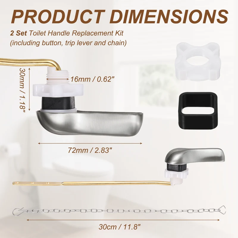 2Pcs Front Mount Metal Toilet Flush Handle with Flapper Chain, Brushed Silver