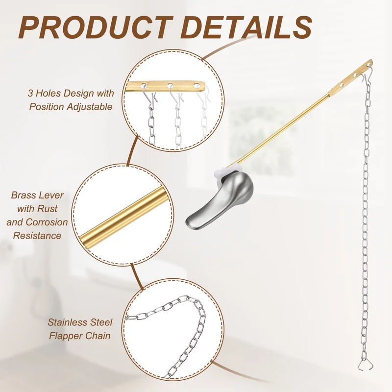 2Pcs Front Mount Metal Toilet Flush Handle with Flapper Chain, Brushed Silver