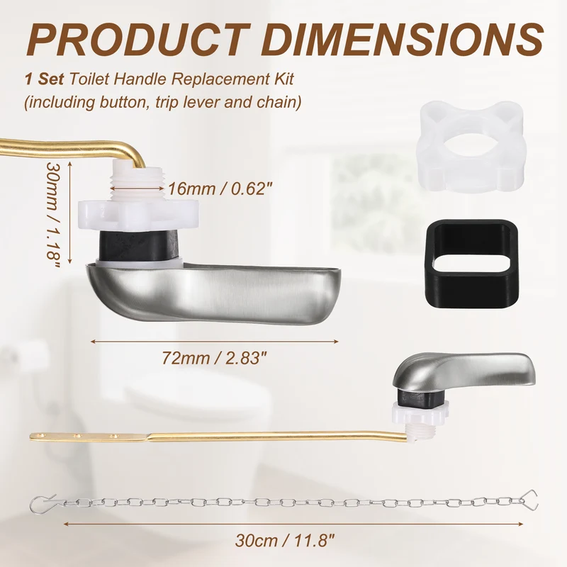 Front Mount Metal Toilet Flush Handle with Flapper Chain, Brushed Silver