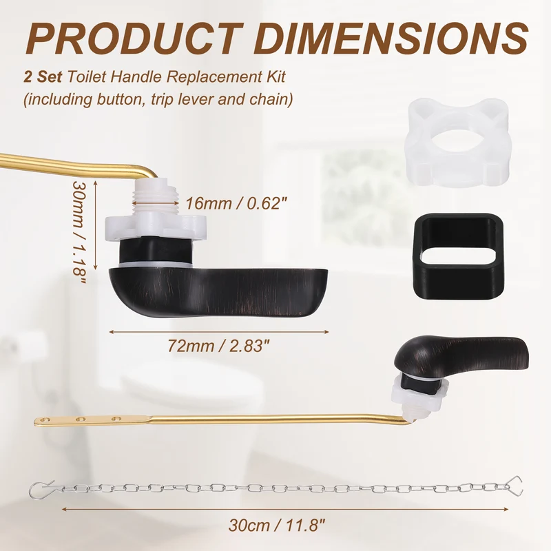 2Pcs Front Mount Metal Toilet Flush Handle with Flapper Chain, Black Bronze