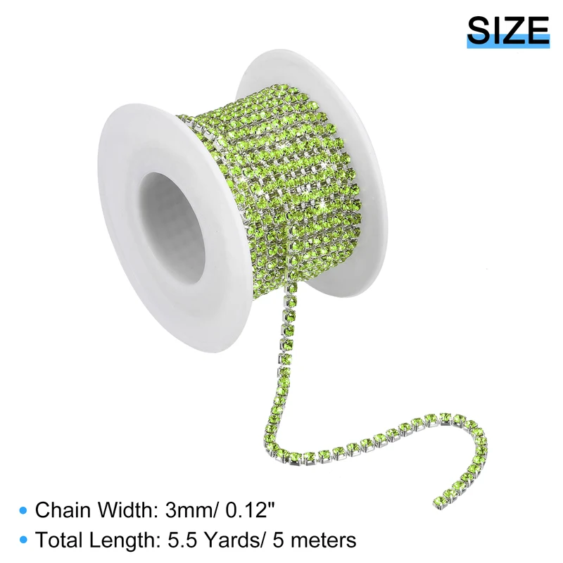 5.5 Yards Crystal Rhinestone Chain, 3mm Close Claw Chain Trim Light Green