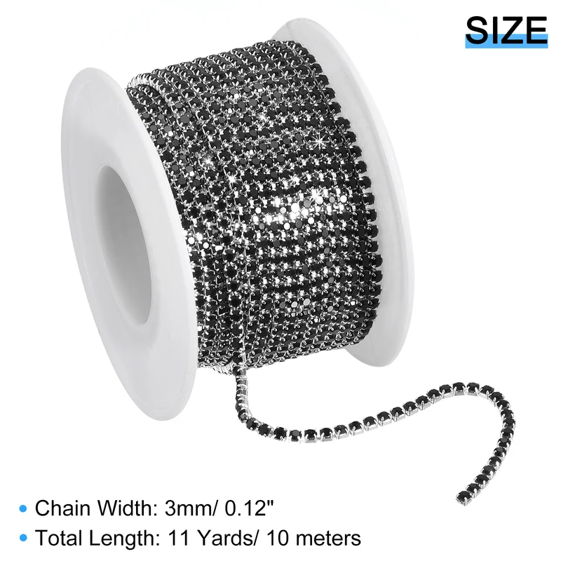 11 Yards Crystal Rhinestone Chain, 3mm Close Claw Chain Trim Black