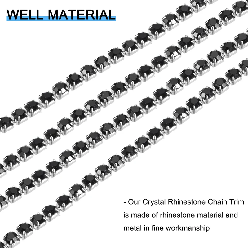 11 Yards Crystal Rhinestone Chain, 3mm Close Claw Chain Trim Black