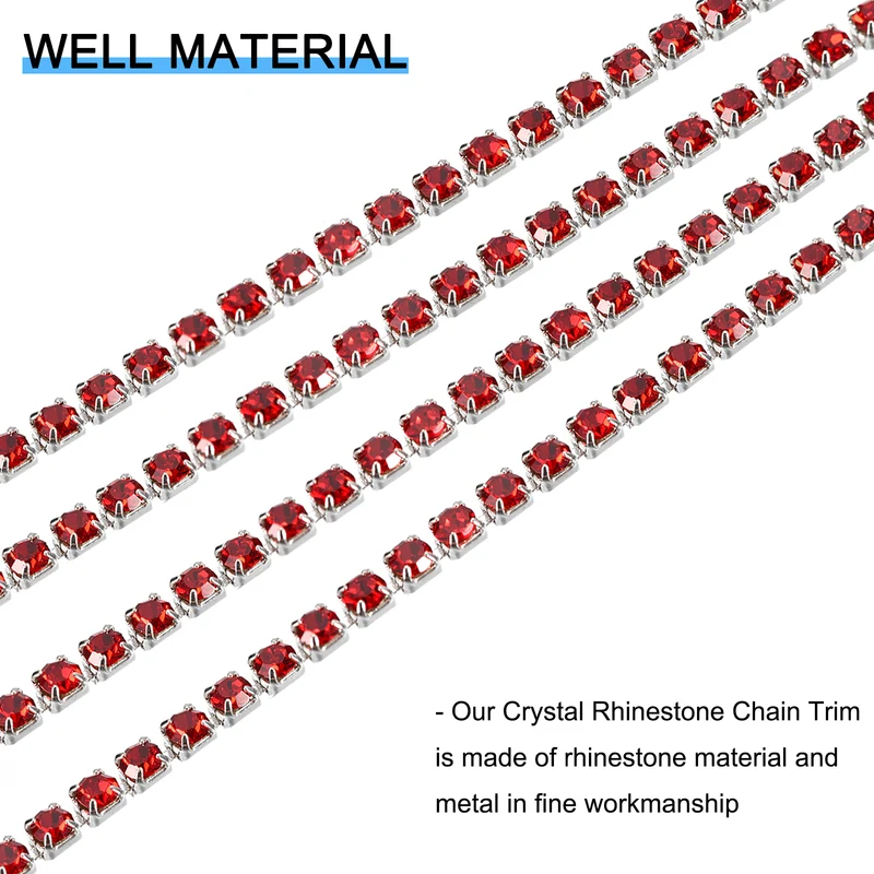 11 Yards Crystal Rhinestone Chain, 3mm Close Claw Chain Trim Dark Red