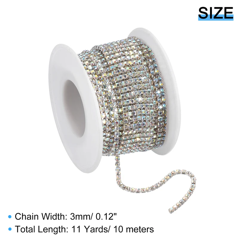 11 Yards Crystal Rhinestone Chain, 3mm Close Claw Chain Trim AB Color