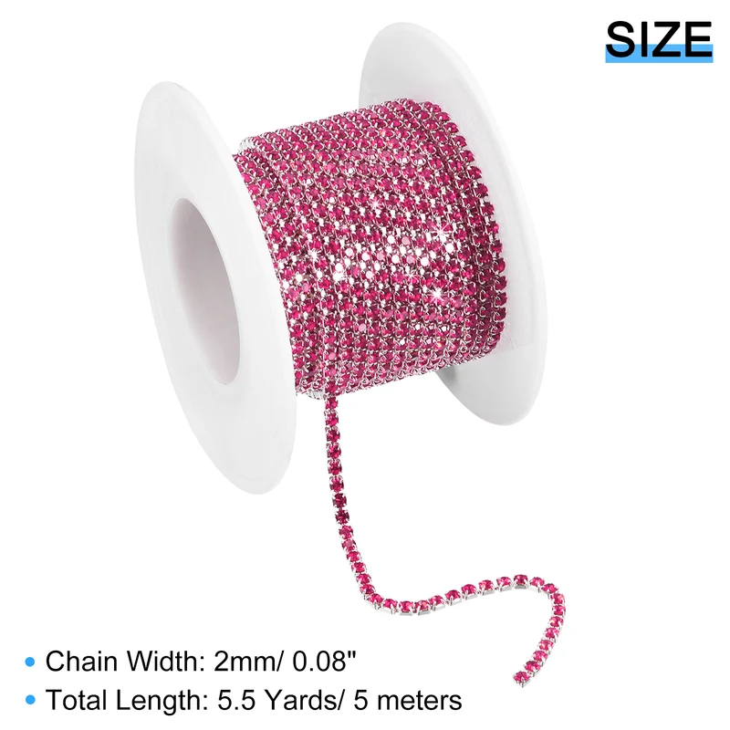 5.5 Yards Crystal Rhinestone Chain, 2mm Close Claw Chain Trim Rose Red