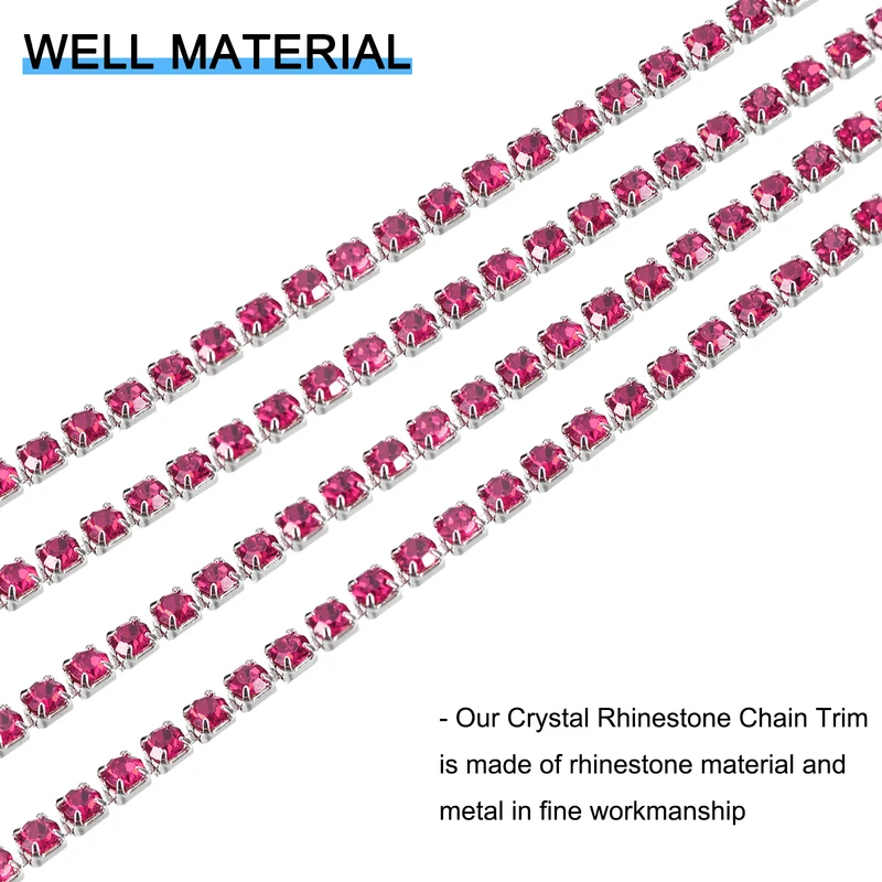 5.5 Yards Crystal Rhinestone Chain, 2mm Close Claw Chain Trim Rose Red