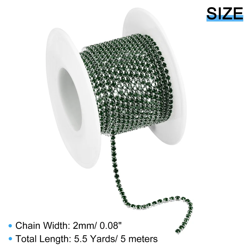 5.5 Yards Crystal Rhinestone Chain, 2mm Close Claw Chain Trim Dark Green