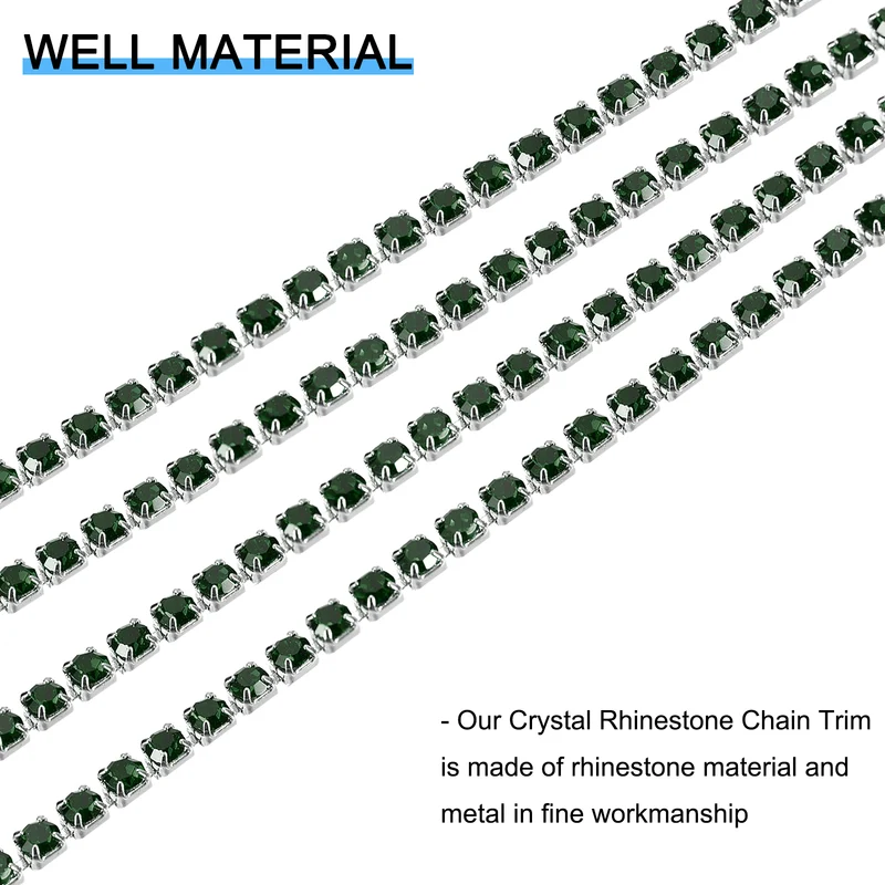 5.5 Yards Crystal Rhinestone Chain, 2mm Close Claw Chain Trim Dark Green