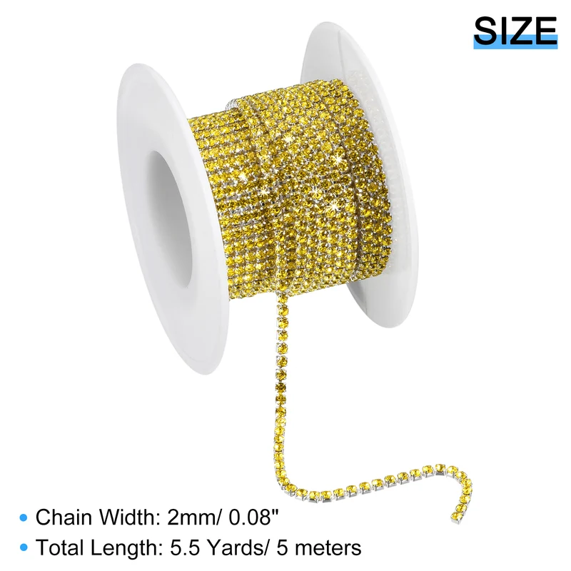 5.5 Yards Crystal Rhinestone Chain, 2mm Close Claw Chain Trim Lemon Yellow