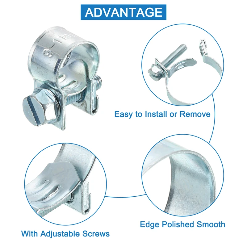 10Pcs Mini Fuel Line Pipe Hose Clamp Clip, Adjustable 9-11mm, Zinc Plated