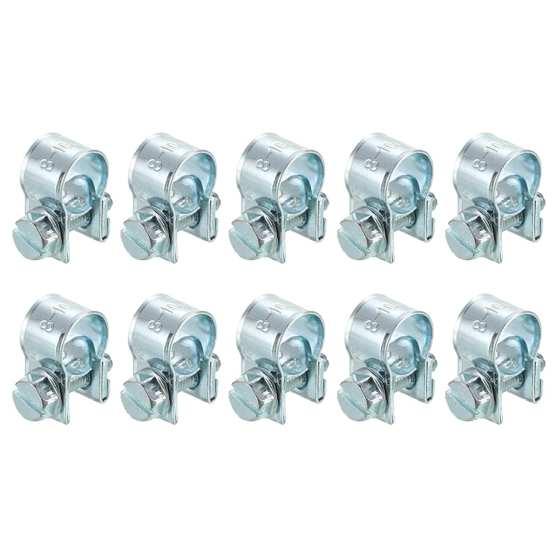 10Pcs Mini Fuel Line Pipe Hose Clamp Clip, Adjustable 8-10mm, Zinc Plated