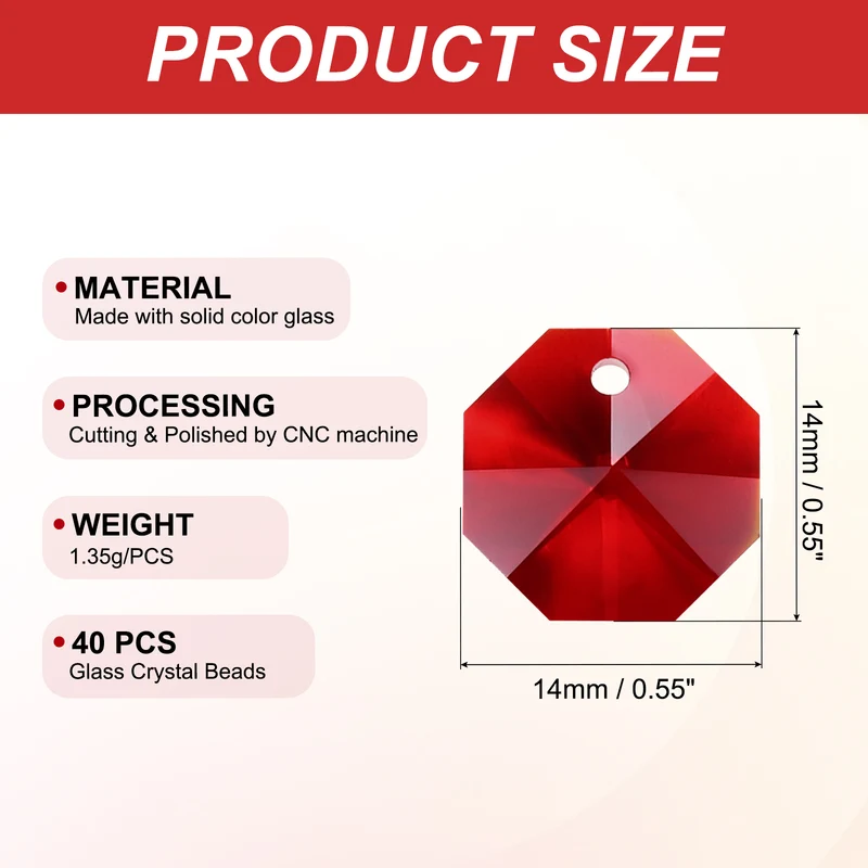 K9 Crystal Octagon Beads 1 Hole Pendants, 40 Pack 14mm, Dark Red