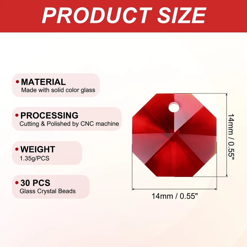 K9 Crystal Octagon Beads 1 Hole Pendants, 30 Pack 14mm, Dark Red
