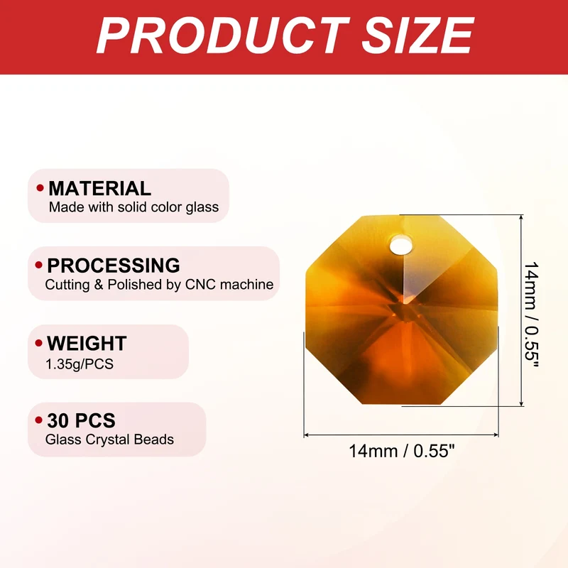 30Pack K9 Crystal Octagon Beads 1 Hole Pendants 14mm Amber