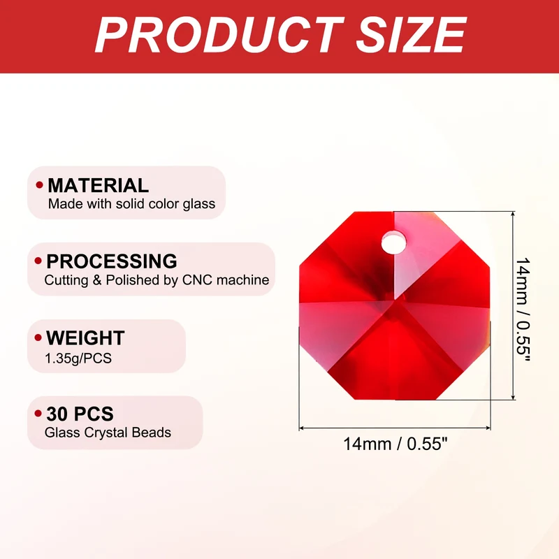 30Pack K9 Crystal Octagon Beads 1 Hole Pendants 14mm Light Red