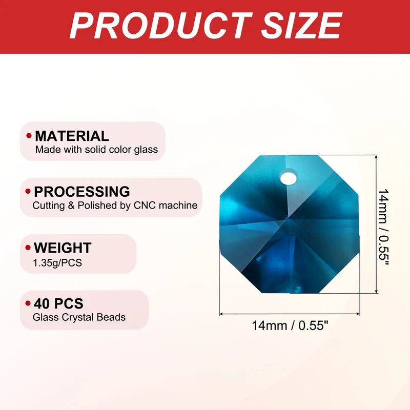 K9 Crystal Octagon Beads 1 Hole Pendants, 40 Pack 14mm, Sky Blue