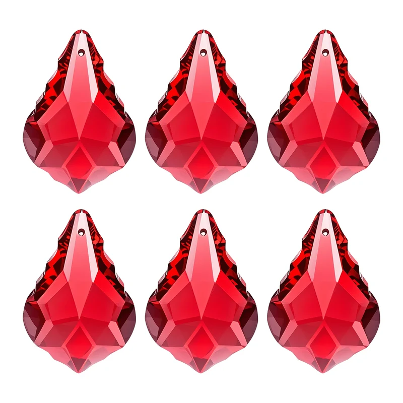 K9 Crystal Teardrop Beads, 6 Pack 38mm Chandelier Prisms Leaf Red