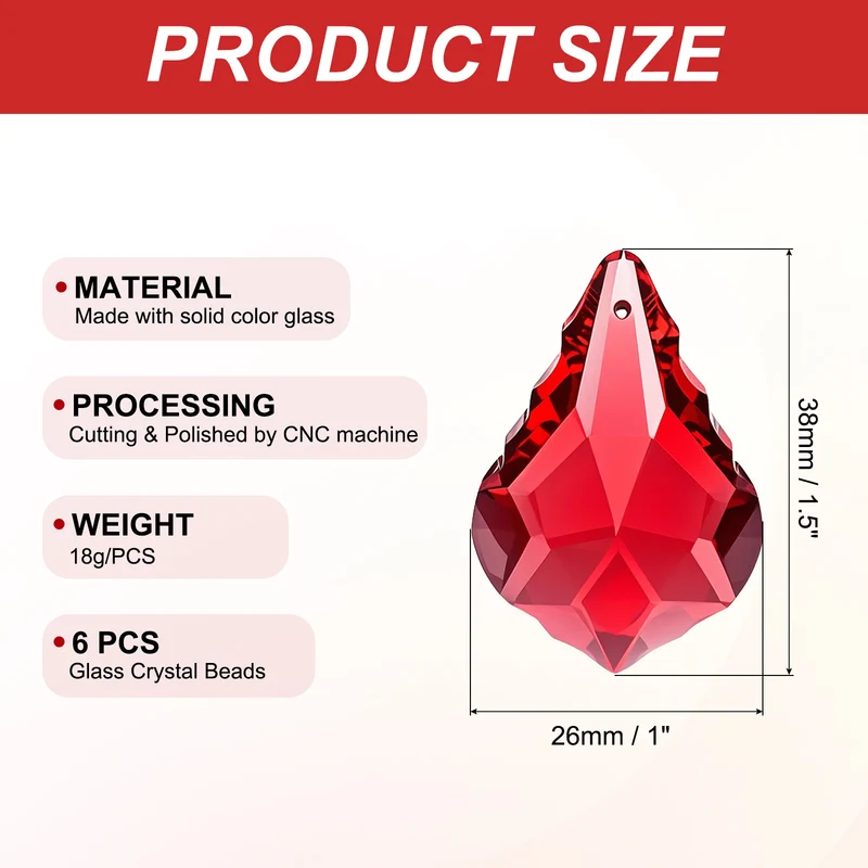 K9 Crystal Teardrop Beads, 6 Pack 38mm Chandelier Prisms Leaf Red