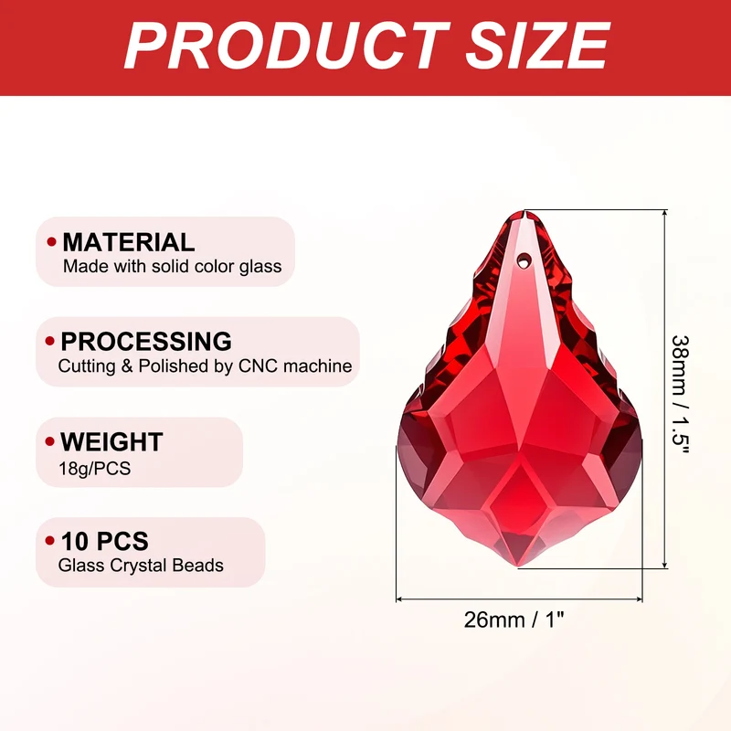 K9 Crystal Teardrop Beads, 10 Pack 38mm Chandelier Prisms Leaf Red