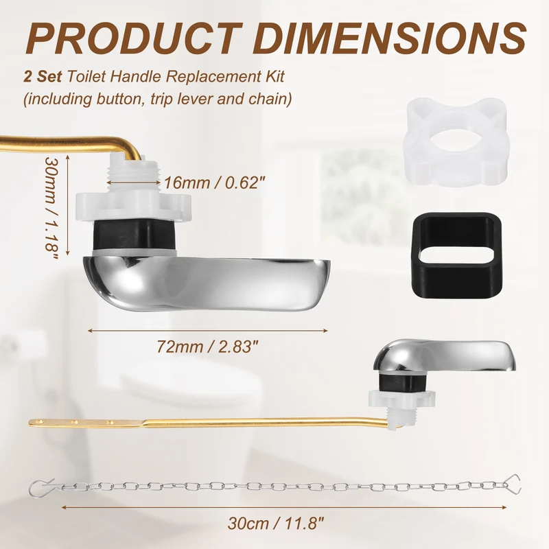 2Pcs Front Mount Metal Toilet Flush Handle with Flapper Chain, Silver