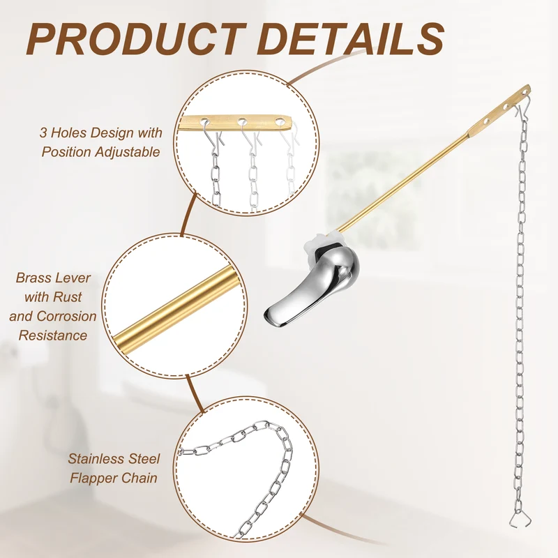 Front Mount Metal Toilet Flush Handle with Flapper Chain, Silver