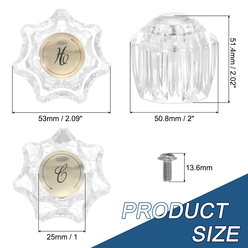 Bathroom Faucet Knobs Replacement, 2Pcs Acrylic Hot and Cold Knob Handle Kit Fits Kitchen and Lavatory Hot and Cold Faucet (Clear)