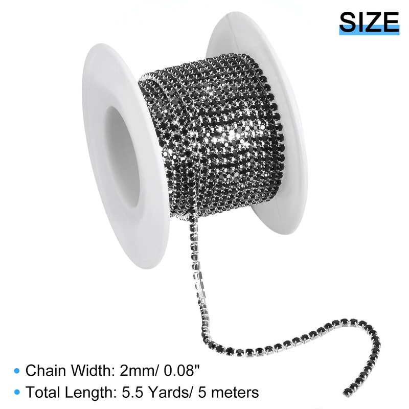 5.5 Yards Crystal Rhinestone Chain, 2mm Close Claw Chain Trim Black