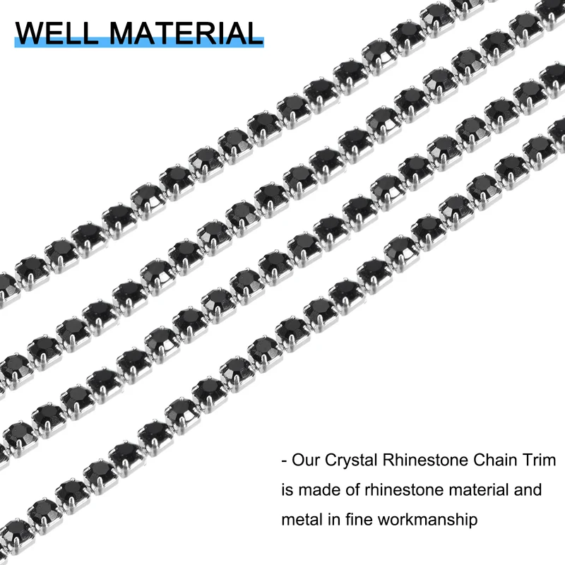5.5 Yards Crystal Rhinestone Chain, 2mm Close Claw Chain Trim Black