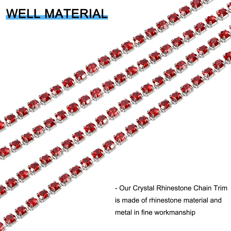 5.5 Yards Crystal Rhinestone Chain, 2mm Close Claw Chain Trim Dark Red