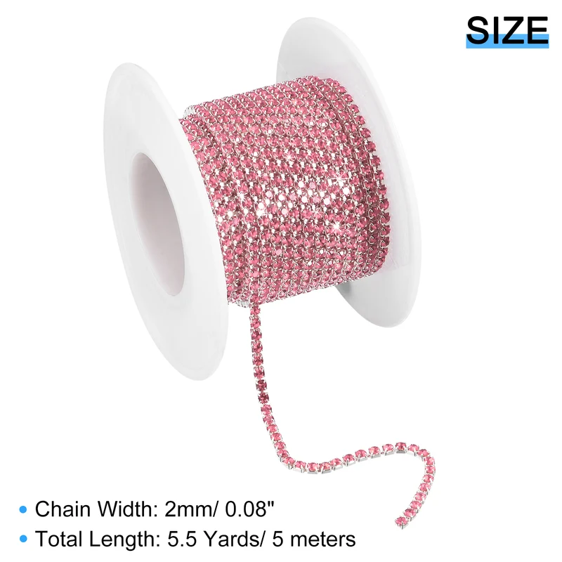 5.5 Yards Crystal Rhinestone Chain, 2mm Close Claw Chain Trim Rose Pink