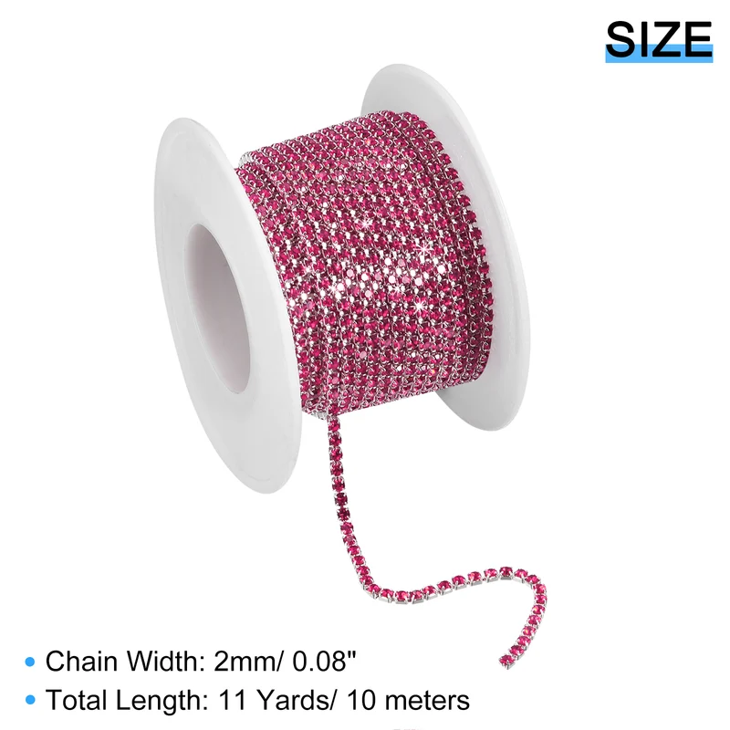 11 Yards Crystal Rhinestone Chain, 2mm Close Claw Chain Trim Rose Red