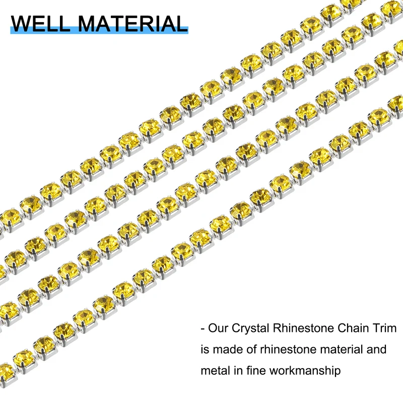 11 Yards Crystal Rhinestone Chain, 2mm Close Claw Chain Trim Lemon Yellow