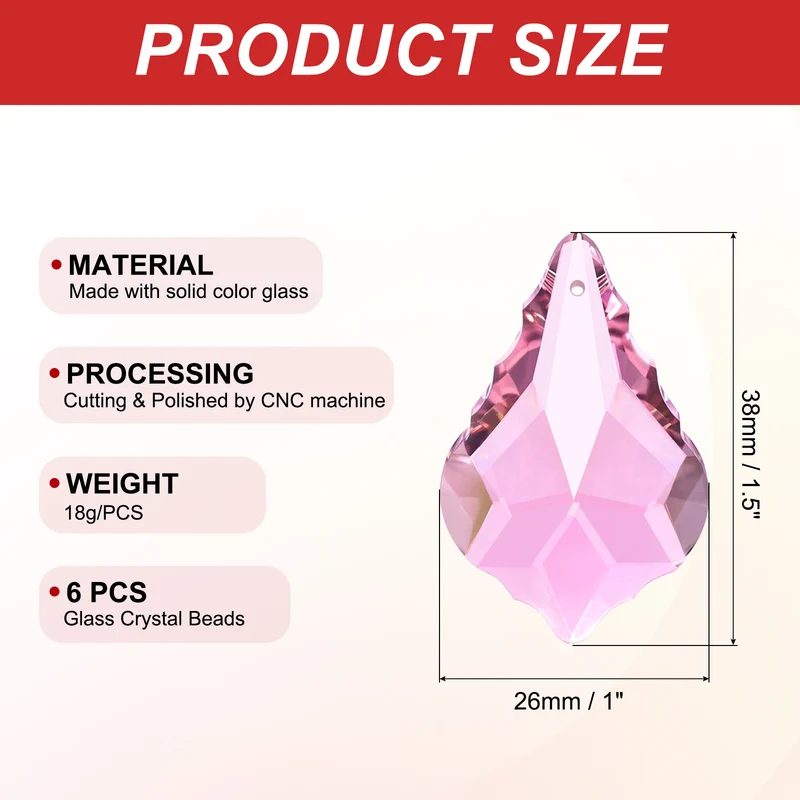 K9 Crystal Teardrop Beads, 6 Pack 38mm Chandelier Prisms Leaf Pink