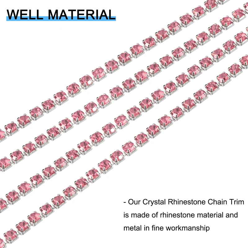 11 Yards Crystal Rhinestone Chain, 2mm Close Claw Chain Trim Light Pink