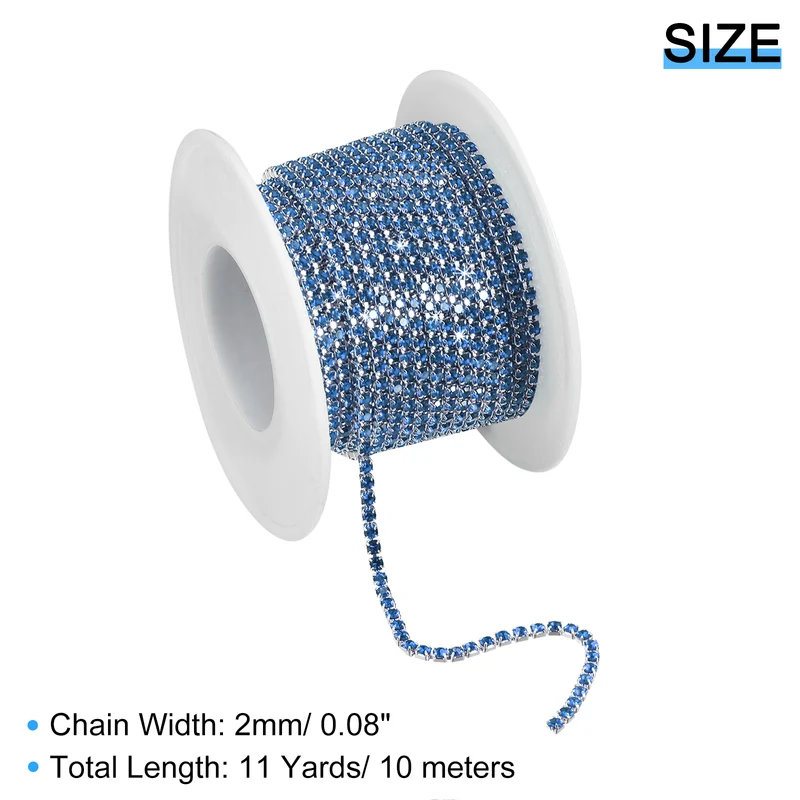 11 Yards Crystal Rhinestone Chain, 2mm Close Claw Chain Trim Light Blue
